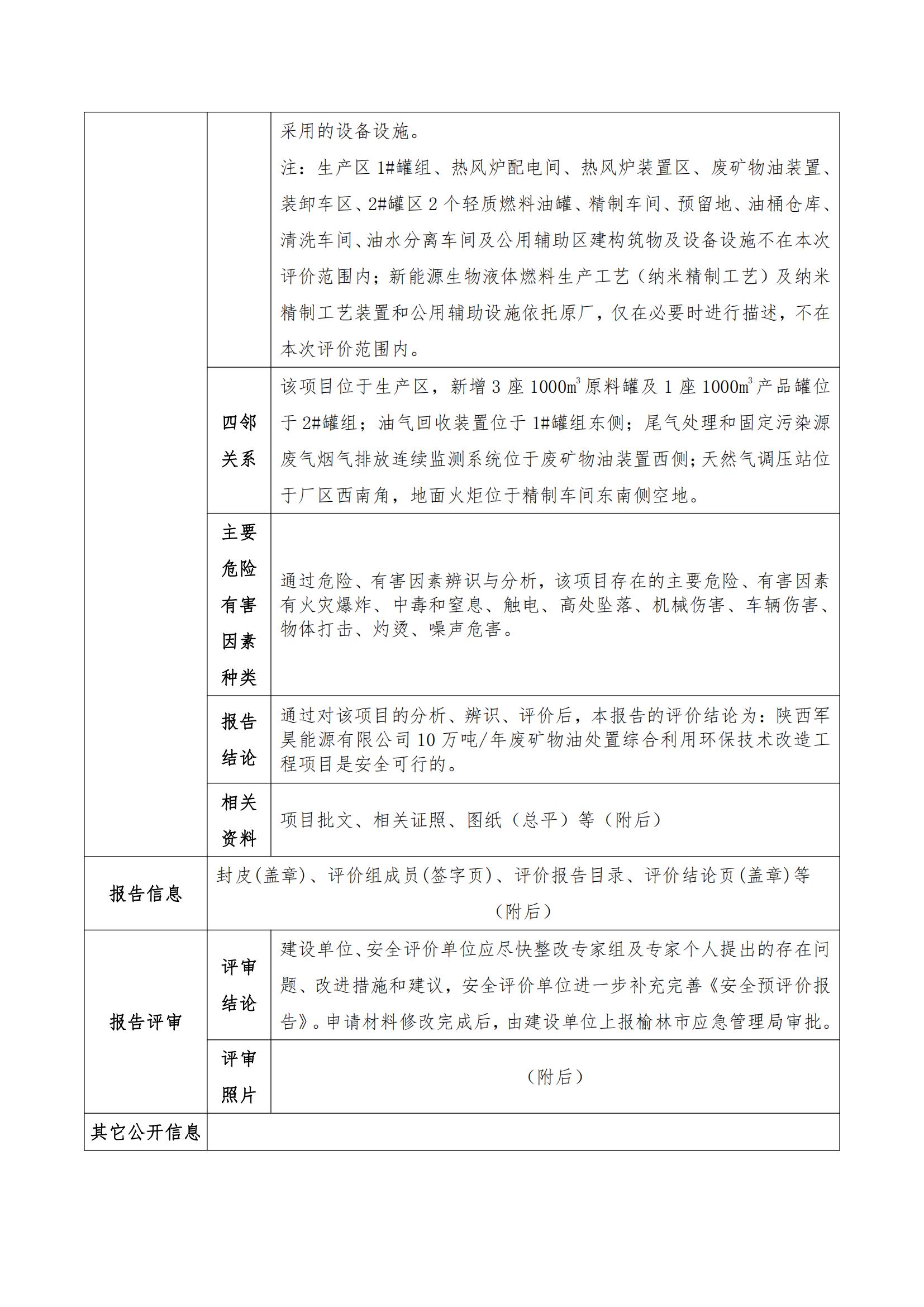 安全评价业务网上公开信息表--JCAP【2023】034 陕西军昊能源有限公司10万吨年废矿物油处置综合利用环保技术改造工程项目安全预评价_01.jpg